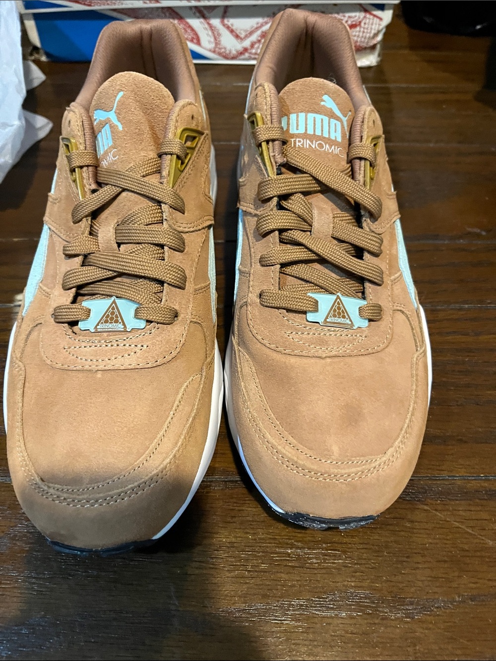 Puma Brown Suede Sneakers with Light Blue Accents
